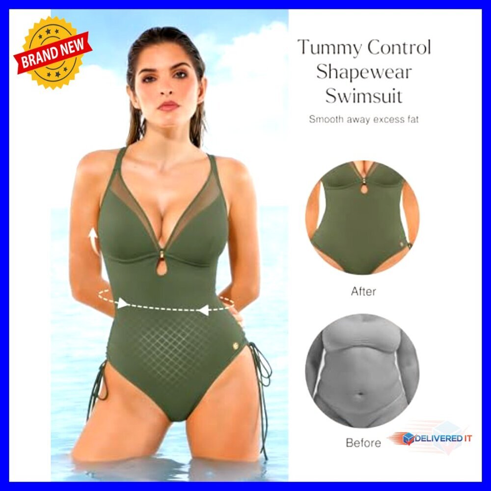 Tummy Control One Piece Swimsuit with Shapewear Mesh Cutouts Adjustable Straps - Picture 2 of 7